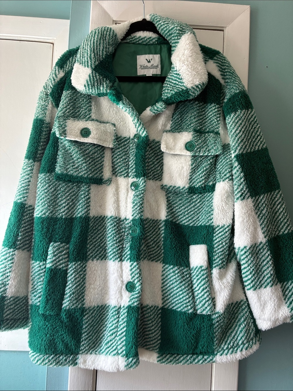 White Mark Green & White Checkered Sherpa Button Jacket